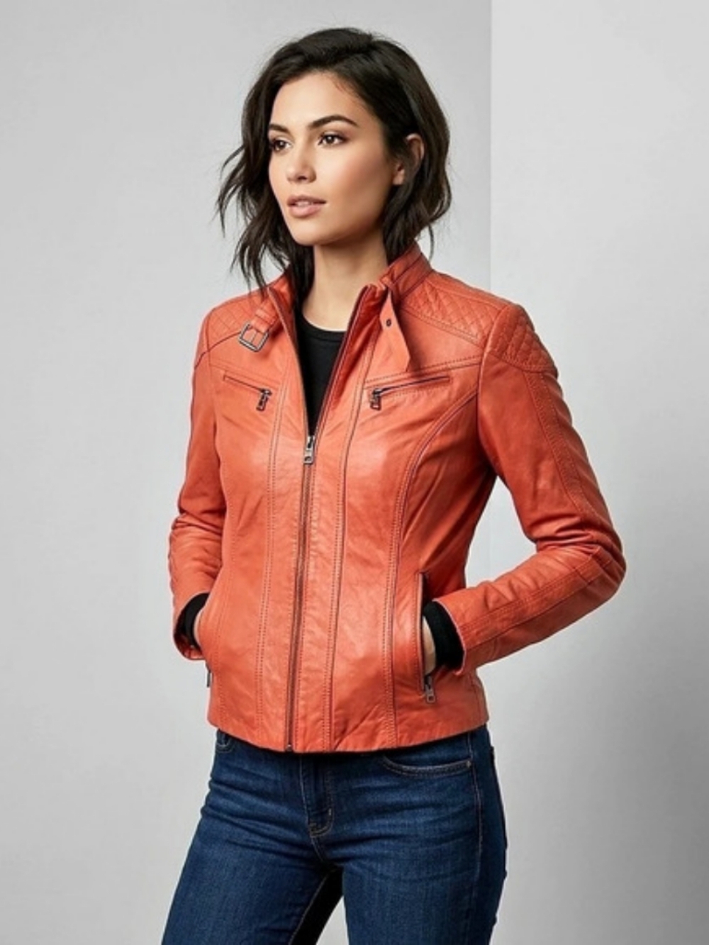 NWT Danier Genuine Leather Moto Jacket | Coral Orange | Size XS